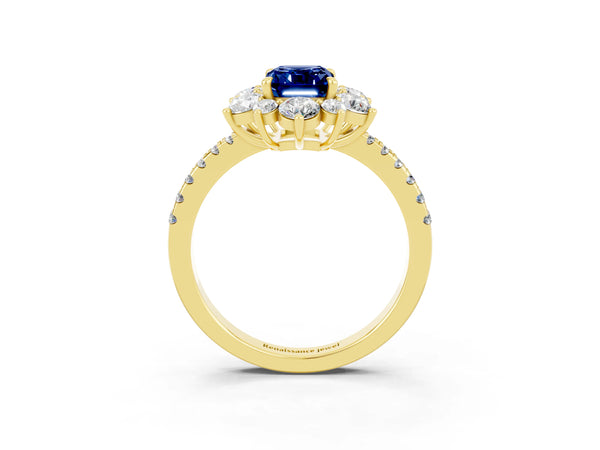 Yellow gold Emerald Cut Blue Sapphire Floral Halo Ring with Round Pavé Band and Prong Setting