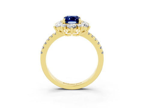 Yellow gold Emerald Cut Cut Diamond Floral Halo Pave Band with Prong Setting_3