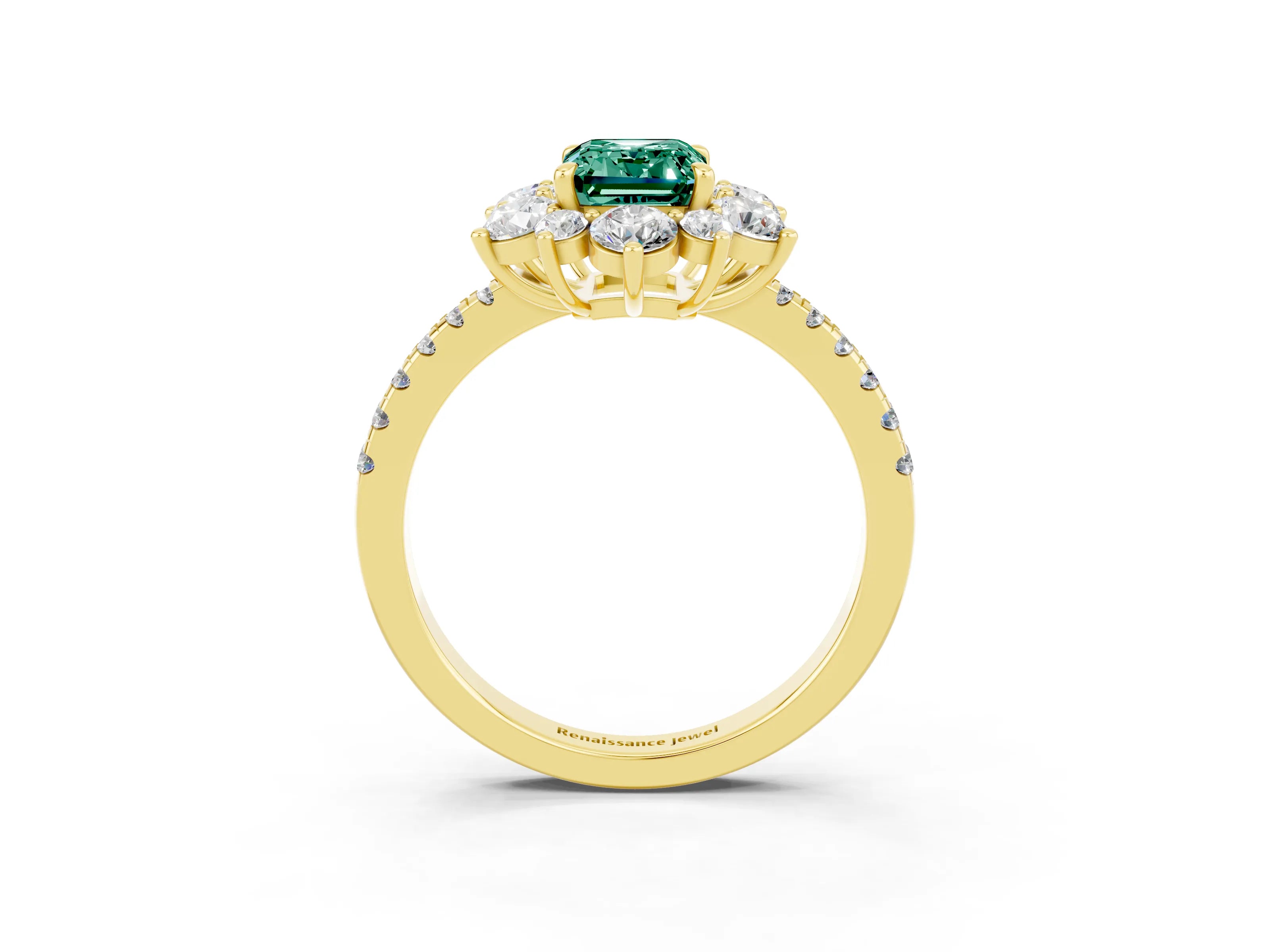 Yellow gold Emerald Cut Cut Diamond Floral Halo Pave Band with Prong Setting_3