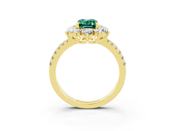 Yellow gold Emerald Cut Green Sapphire Floral Halo Ring with Round Pavé Band and Prong Setting