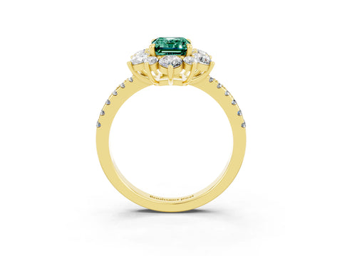 Yellow gold Emerald Cut Cut Diamond Floral Halo Pave Band with Prong Setting_3