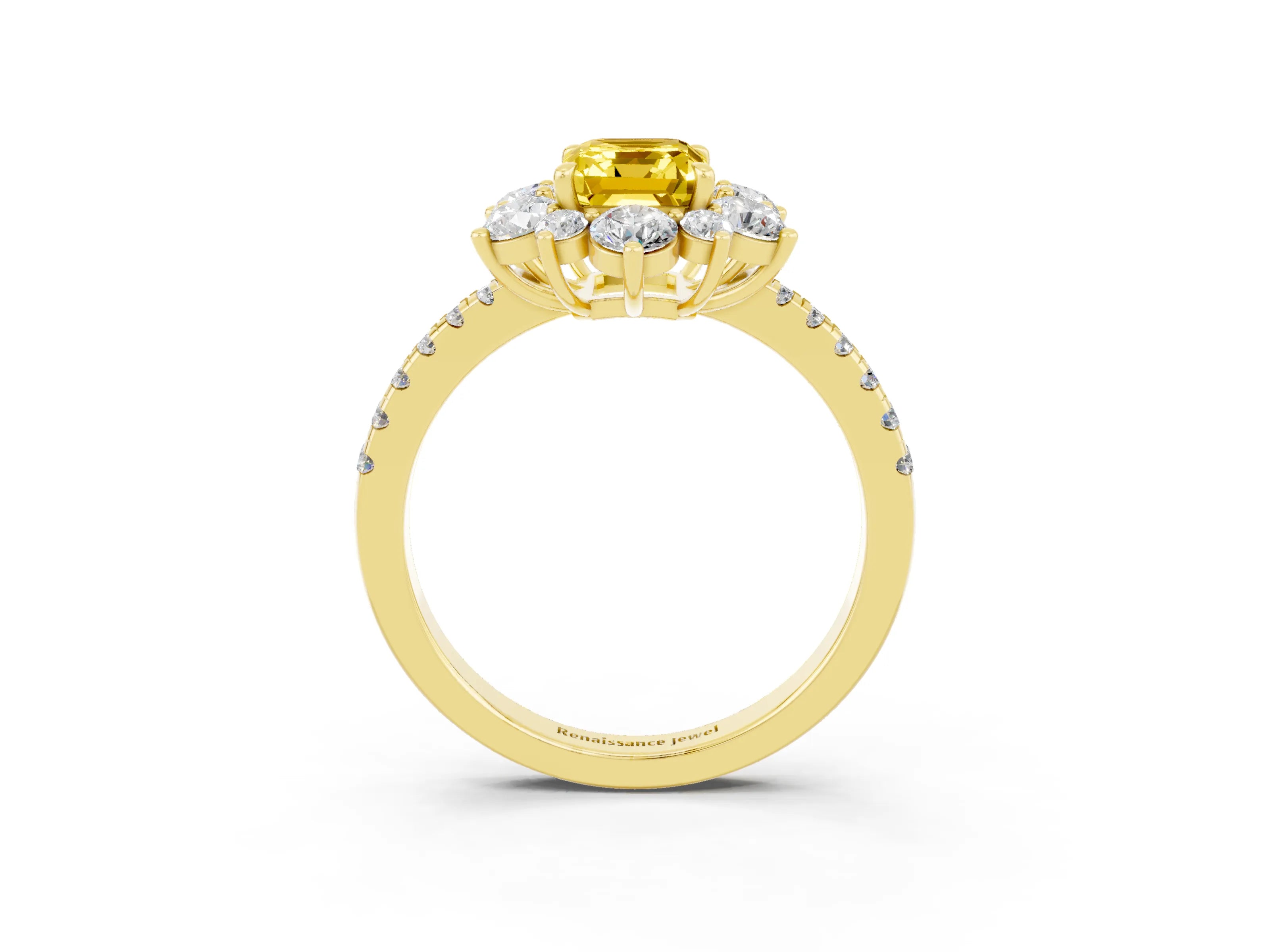Yellow gold Emerald Cut Cut Diamond Floral Halo Pave Band with Prong Setting_3