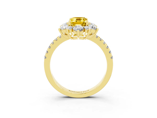 Yellow gold Emerald Cut Yellow Sapphire Floral Halo Ring with Round Pavé Band and Prong Setting