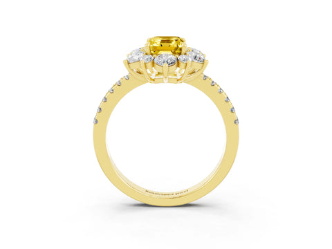 Yellow gold Emerald Cut Cut Diamond Floral Halo Pave Band with Prong Setting_3