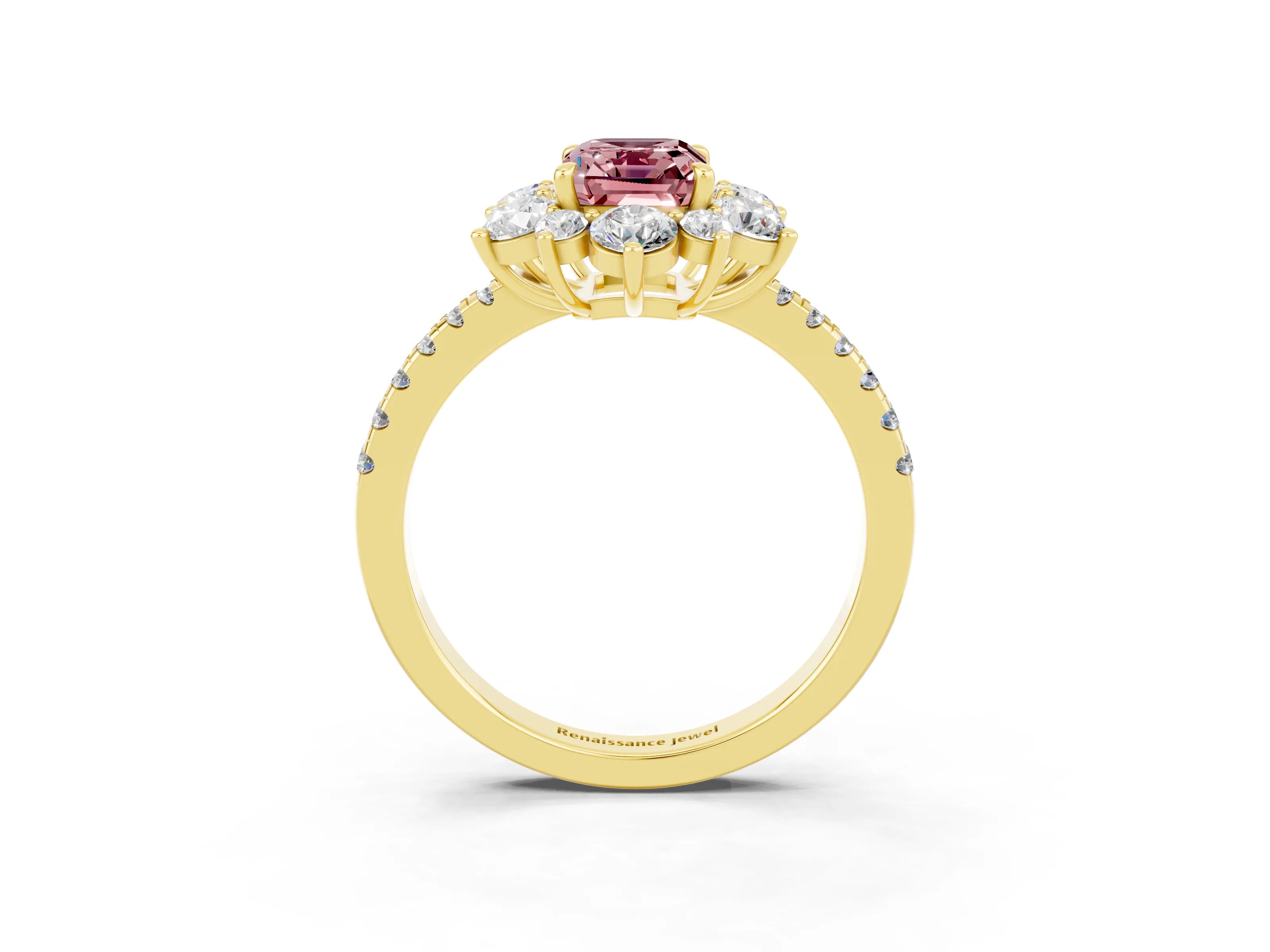 Yellow gold Emerald Cut Cut Diamond Floral Halo Pave Band with Prong Setting_3