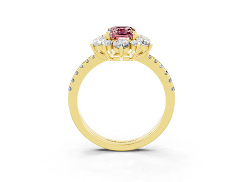 Yellow gold Emerald Cut Cut Diamond Floral Halo Pave Band with Prong Setting_3