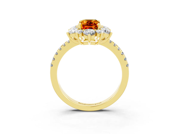 Yellow gold Emerald Cut Citrine Floral Halo Ring with Round Pavé Band and Prong Setting