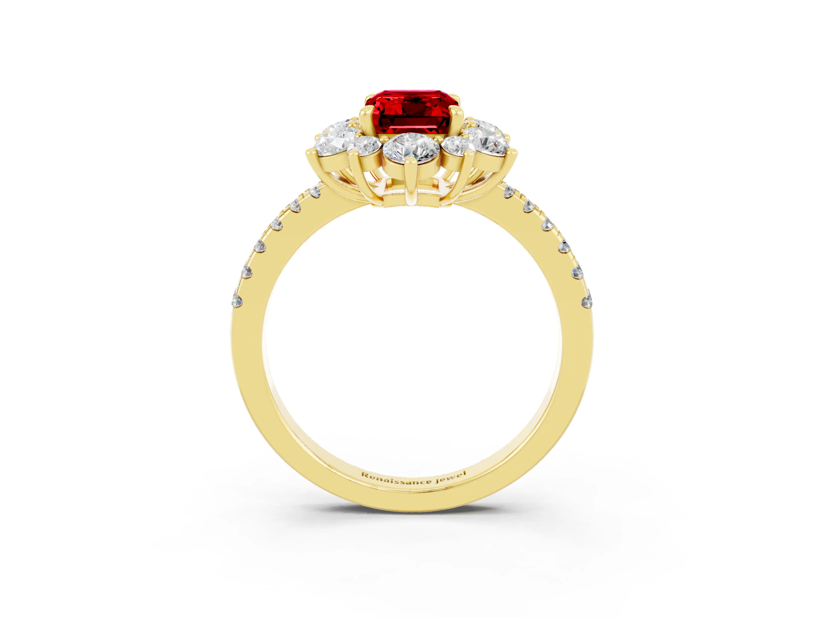 Yellow gold Emerald Cut Cut Diamond Floral Halo Pave Band with Prong Setting_3