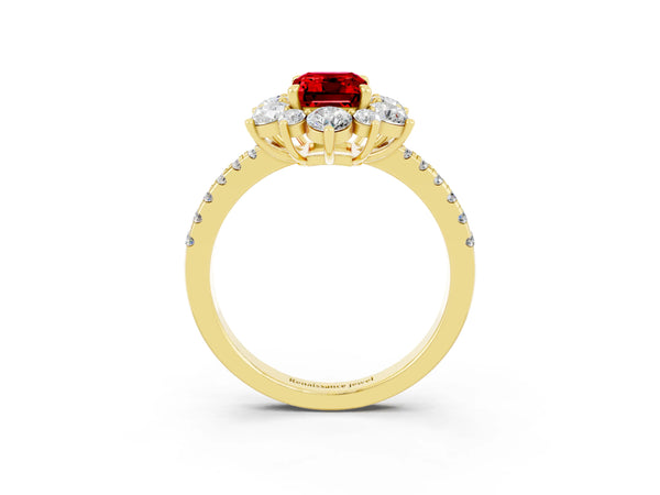 Yellow gold Emerald Cut Ruby Floral Halo Ring with Round Pavé Band and Prong Setting