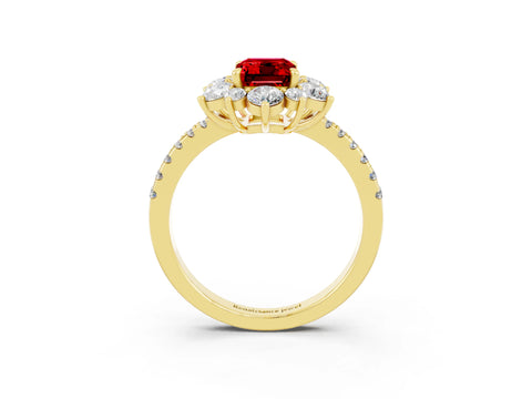 Yellow gold Emerald Cut Cut Diamond Floral Halo Pave Band with Prong Setting_3