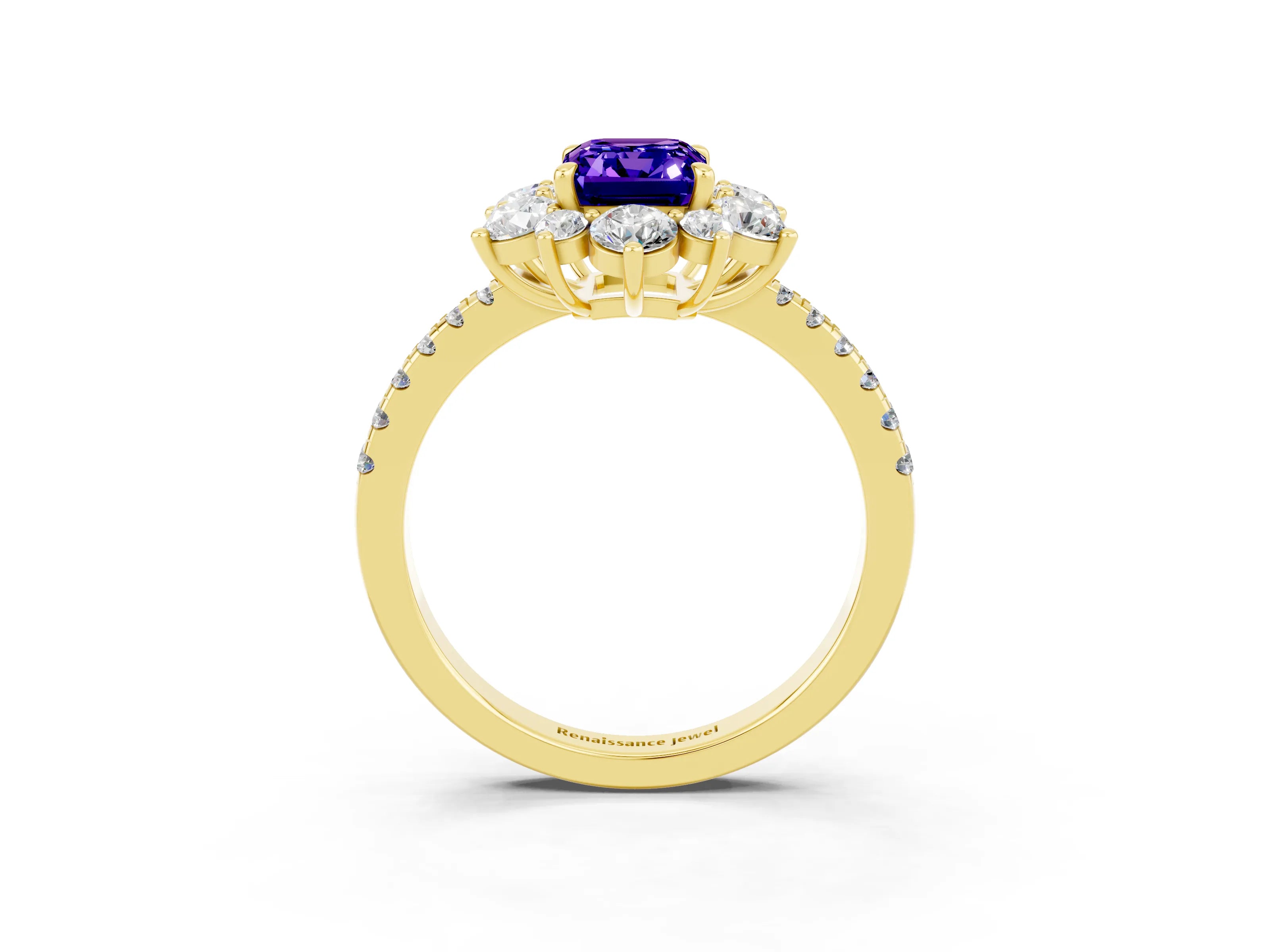 Yellow gold Emerald Cut Cut Diamond Floral Halo Pave Band with Prong Setting_3