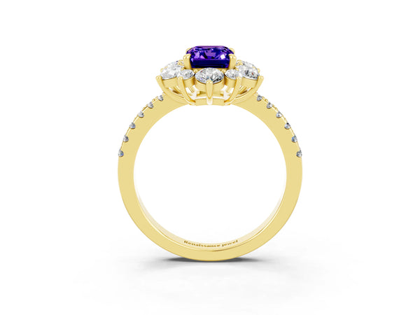 Yellow gold Emerald Cut Tanzanite Floral Halo Ring with Round Pavé Band and Prong Setting