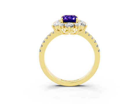 Yellow gold Emerald Cut Cut Diamond Floral Halo Pave Band with Prong Setting_3