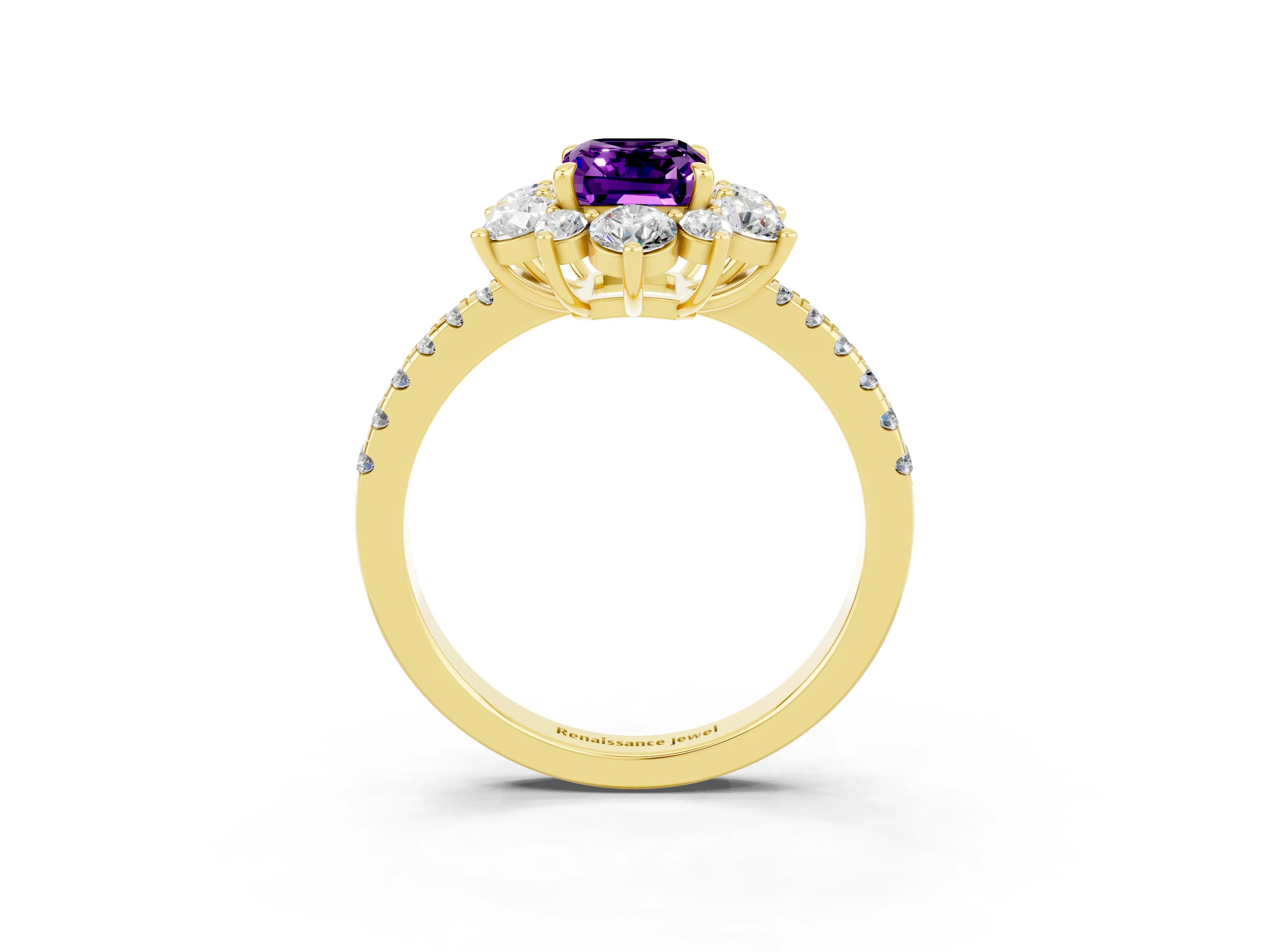 Yellow gold Emerald Cut Cut Diamond Floral Halo Pave Band with Prong Setting_3
