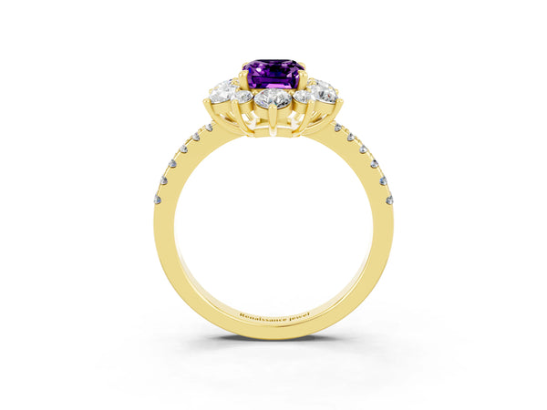 Yellow gold Emerald Cut Amethyst Floral Halo Ring with Round Pavé Band and Prong Setting