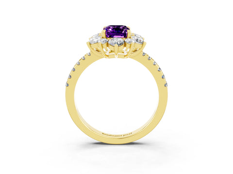 Yellow gold Emerald Cut Cut Diamond Floral Halo Pave Band with Prong Setting_3