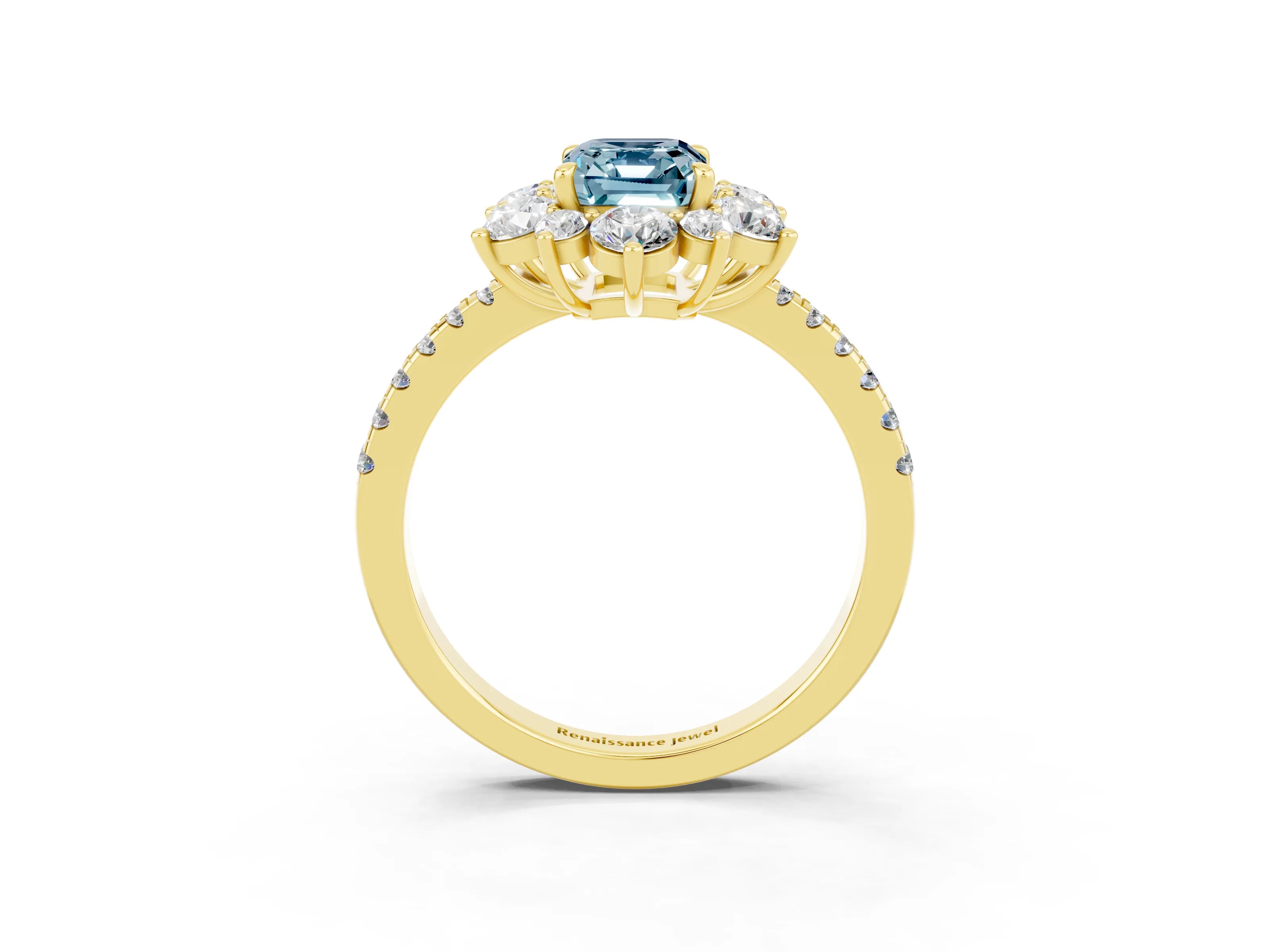 Yellow gold Emerald Cut Cut Diamond Floral Halo Pave Band with Prong Setting_3