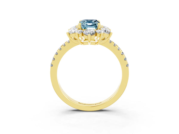 Yellow gold Emerald Cut Aquamarine Floral Halo Ring with Round Pavé Band and Prong Setting