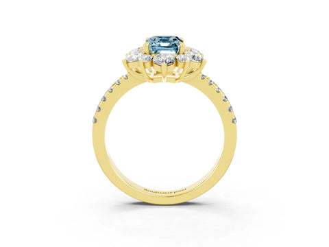 Yellow gold Emerald Cut Cut Diamond Floral Halo Pave Band with Prong Setting_3