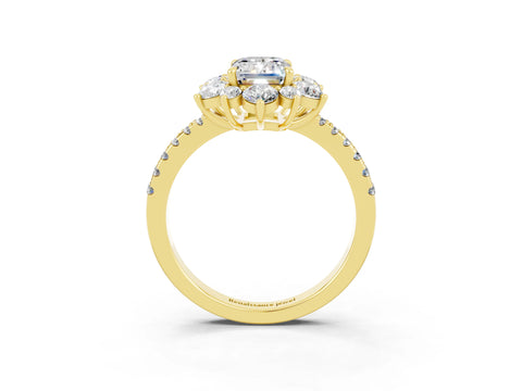 Yellow gold Emerald Cut Cut Diamond Floral Halo Pave Band with Prong Setting_3