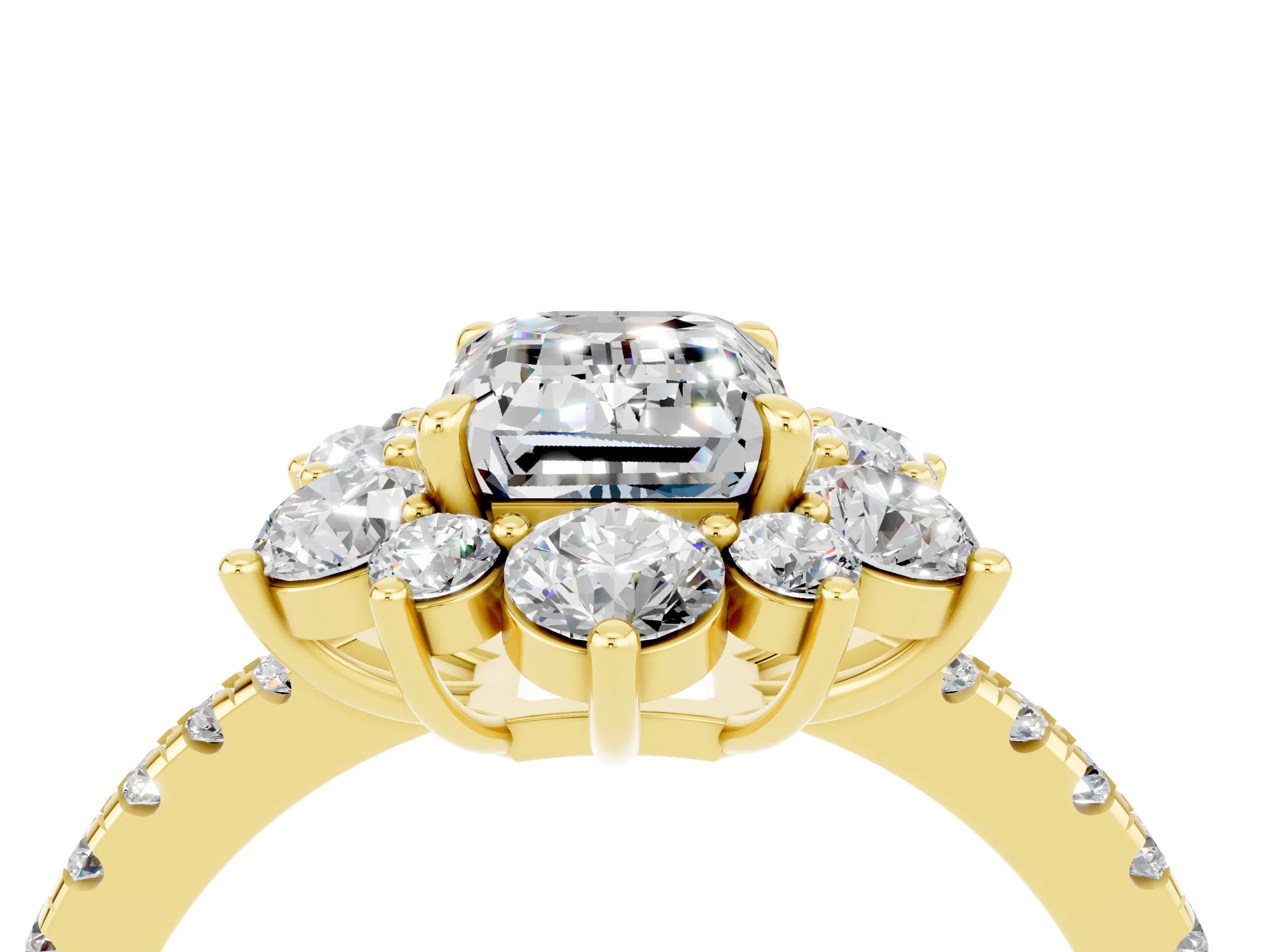 Yellow gold Emerald Cut Cut Diamond Floral Halo Pave Band with Prong Setting_4
