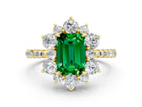 Yellow gold Emerald Cut Cut Diamond Floral Halo Pave Band with Prong Setting
