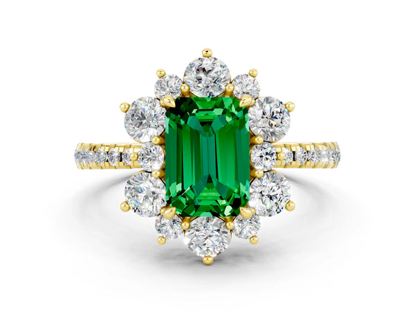Yellow gold Emerald Cut Emerald Floral Halo Ring with Round Pavé Band and Prong Setting