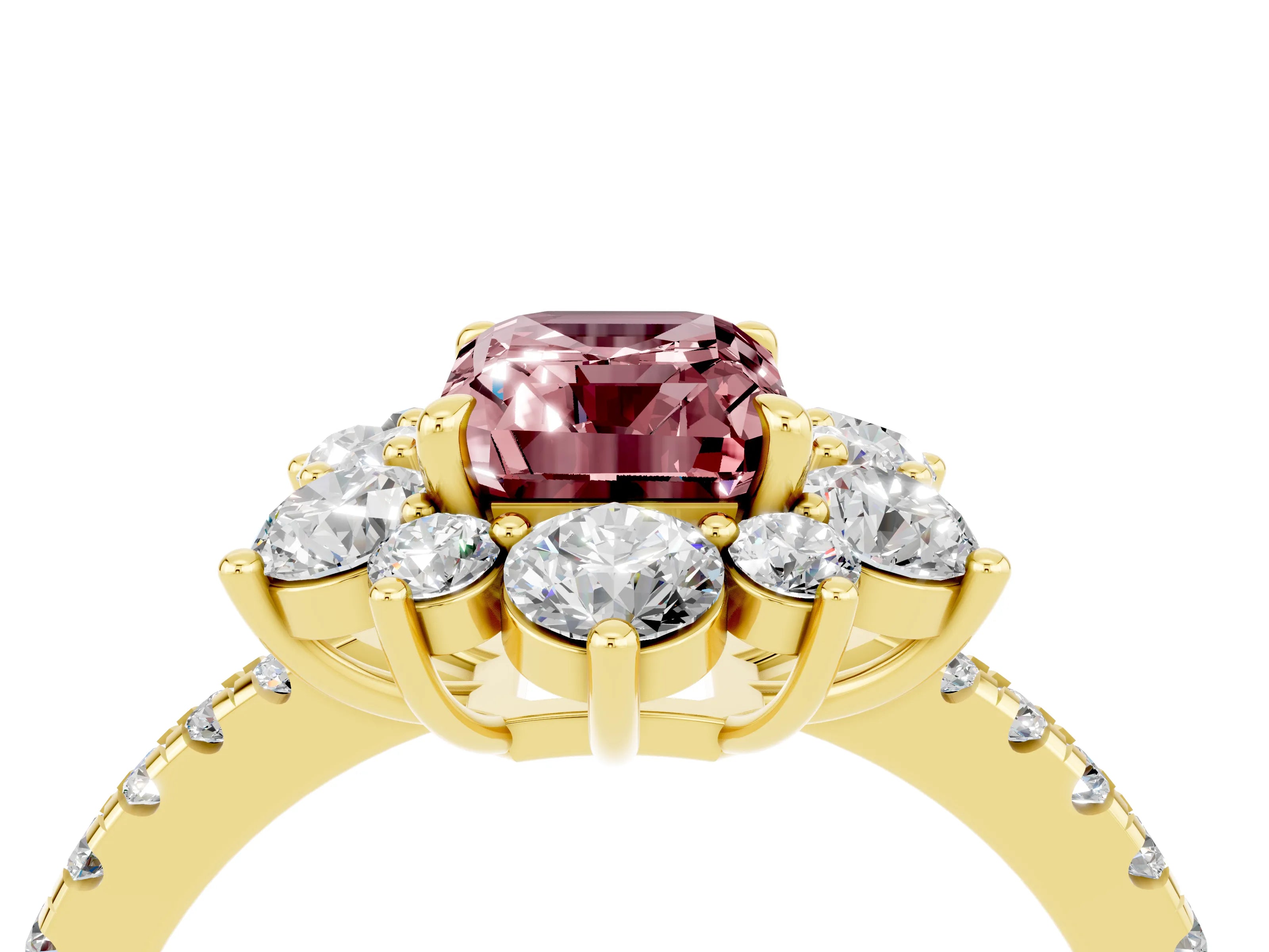 Yellow gold Emerald Cut Cut Diamond Floral Halo Pave Band with Prong Setting_4