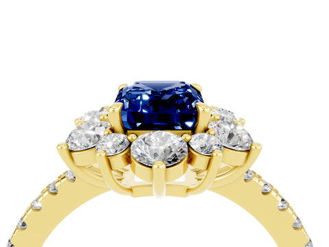 Yellow gold Emerald Cut Cut Diamond Floral Halo Pave Band with Prong Setting_4