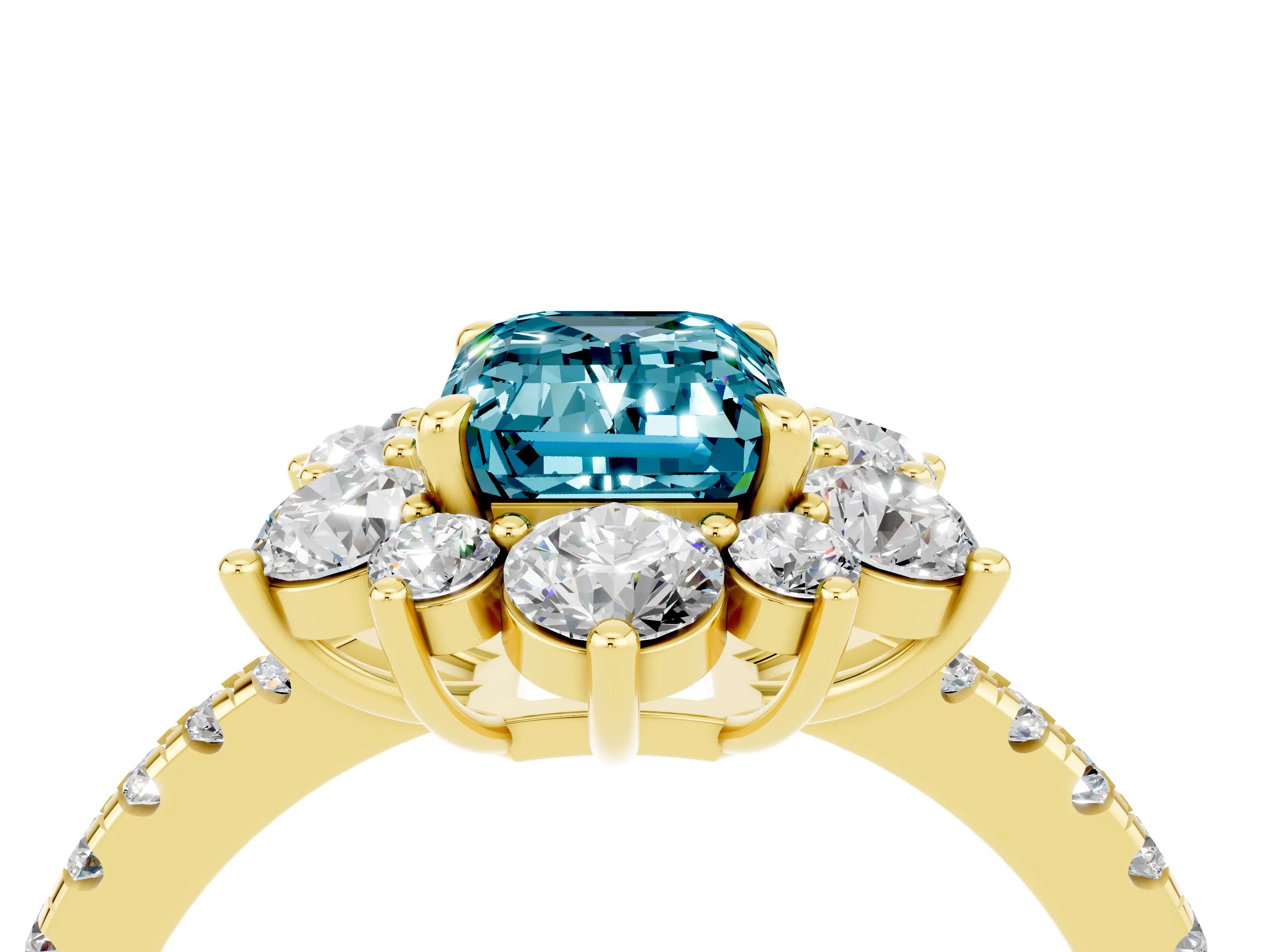 Yellow gold Emerald Cut Cut Diamond Floral Halo Pave Band with Prong Setting_4
