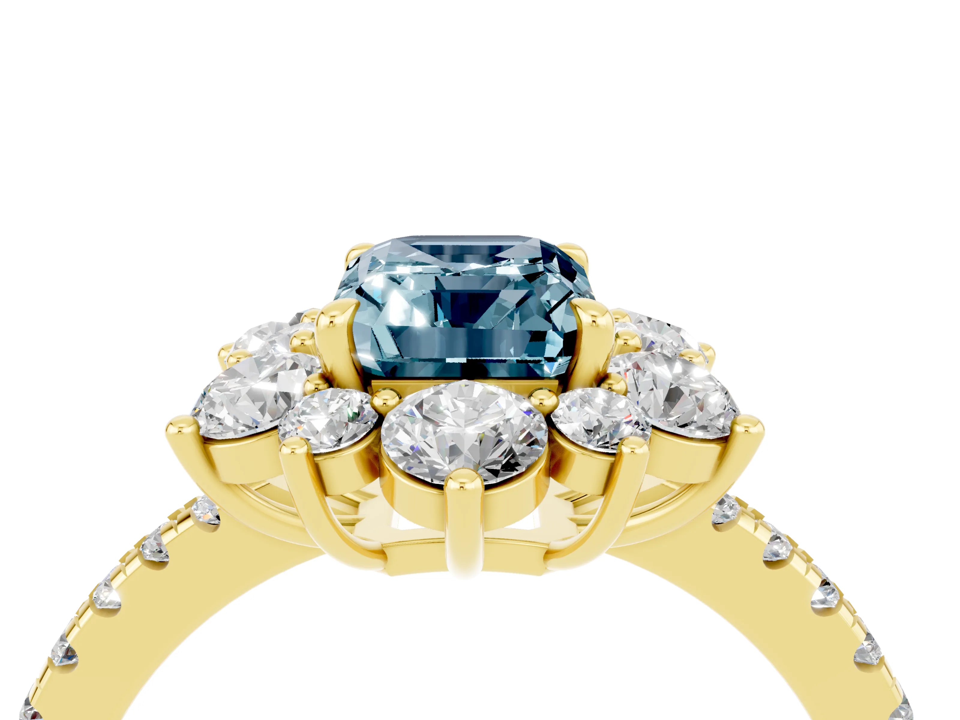 Yellow gold Emerald Cut Cut Diamond Floral Halo Pave Band with Prong Setting_4