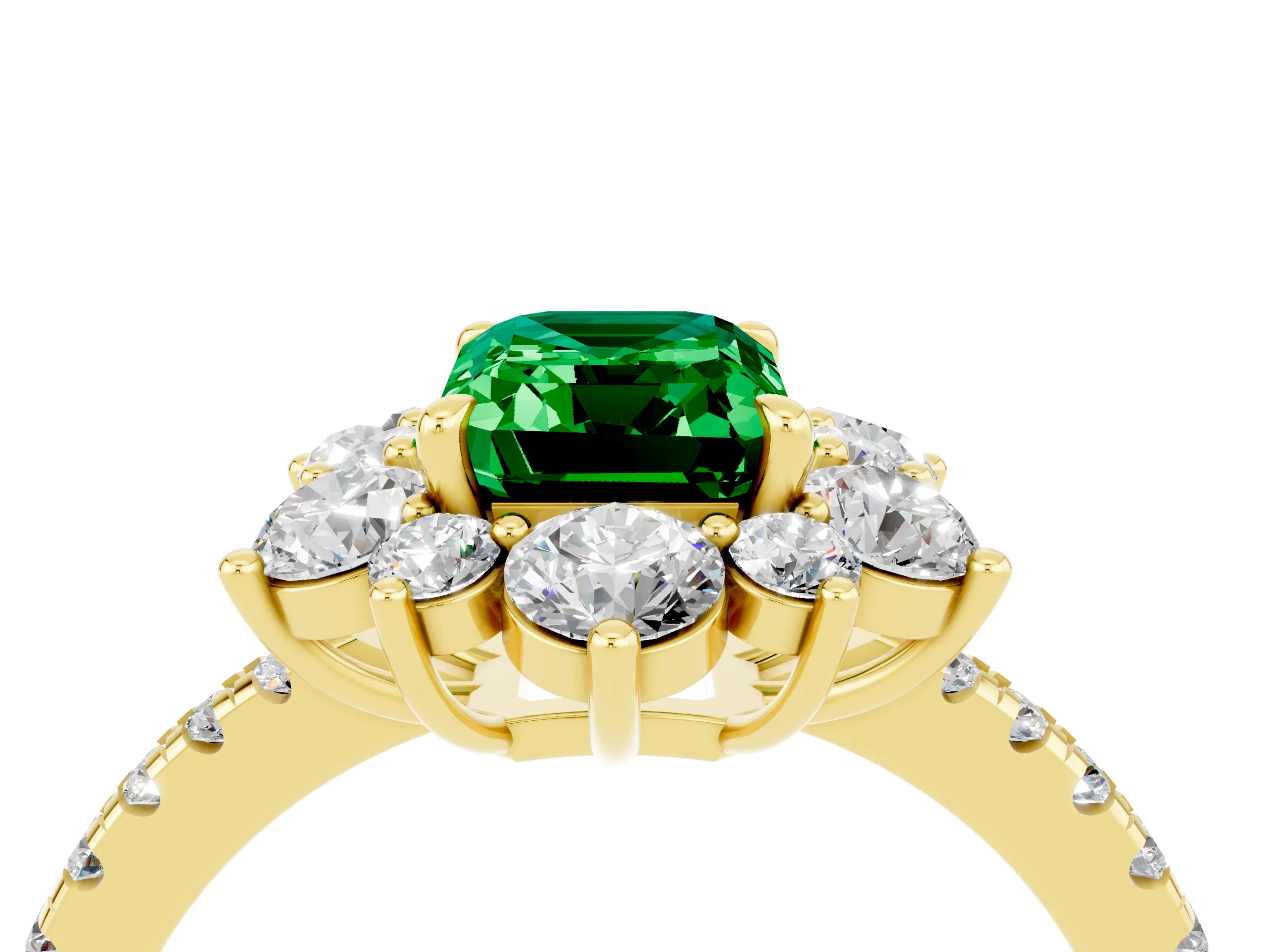 Yellow gold Emerald Cut Cut Diamond Floral Halo Pave Band with Prong Setting_4