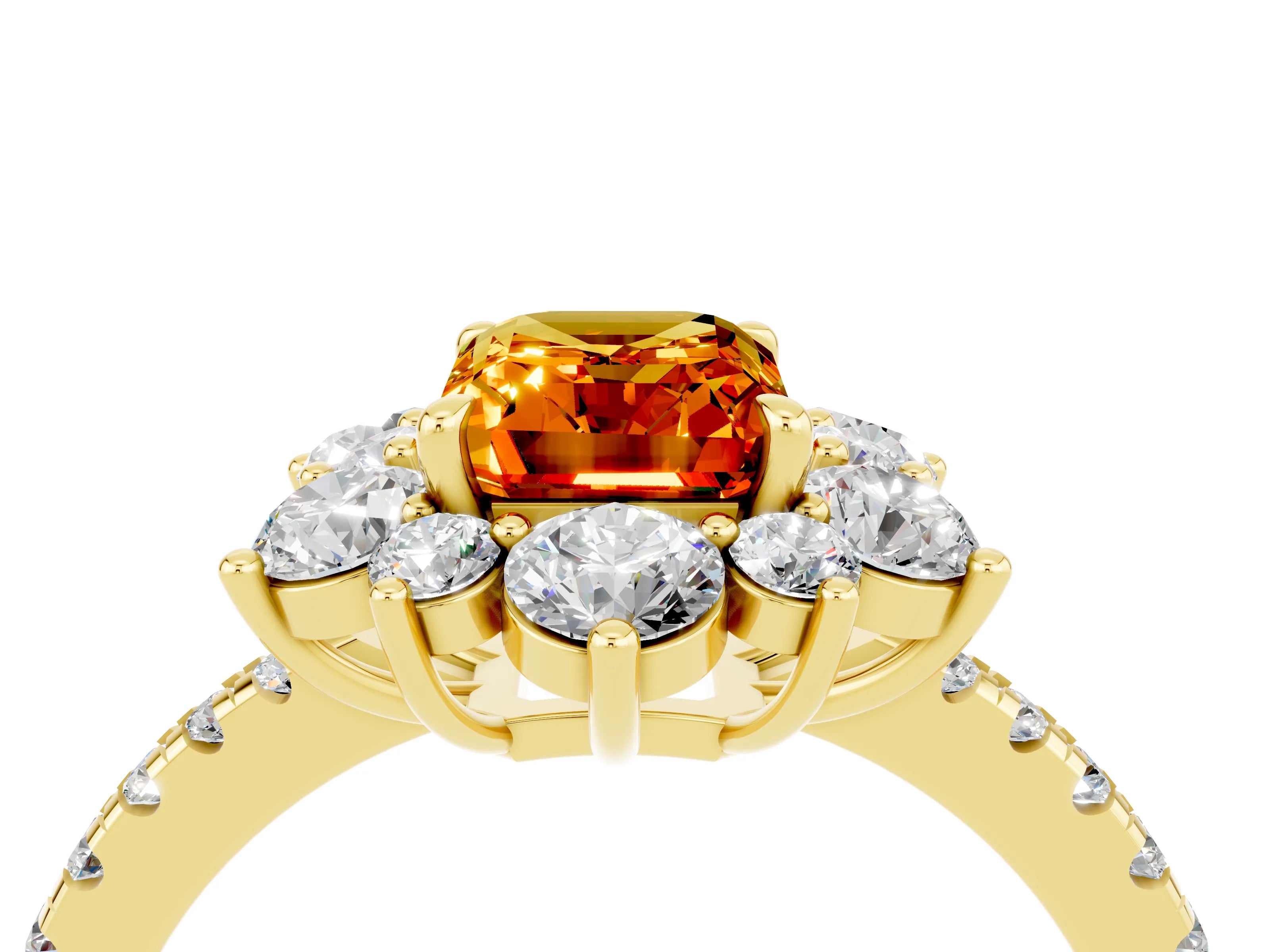Yellow gold Emerald Cut Cut Diamond Floral Halo Pave Band with Prong Setting_4