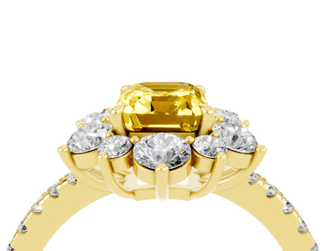 Yellow gold Emerald Cut Cut Diamond Floral Halo Pave Band with Prong Setting_4