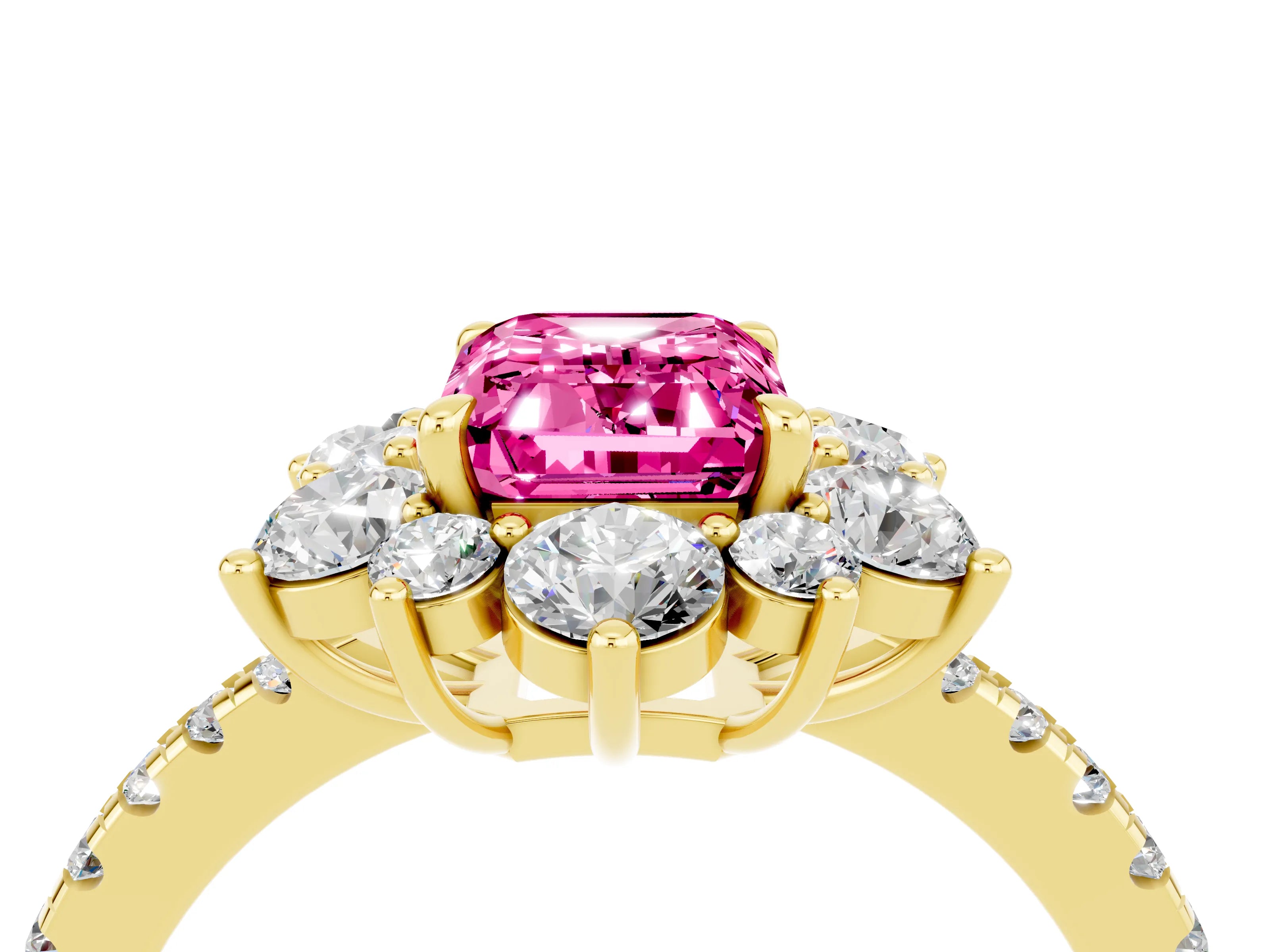 Yellow gold Emerald Cut Cut Diamond Floral Halo Pave Band with Prong Setting_4