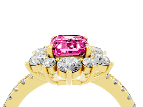 Yellow gold Emerald Cut Cut Diamond Floral Halo Pave Band with Prong Setting_4