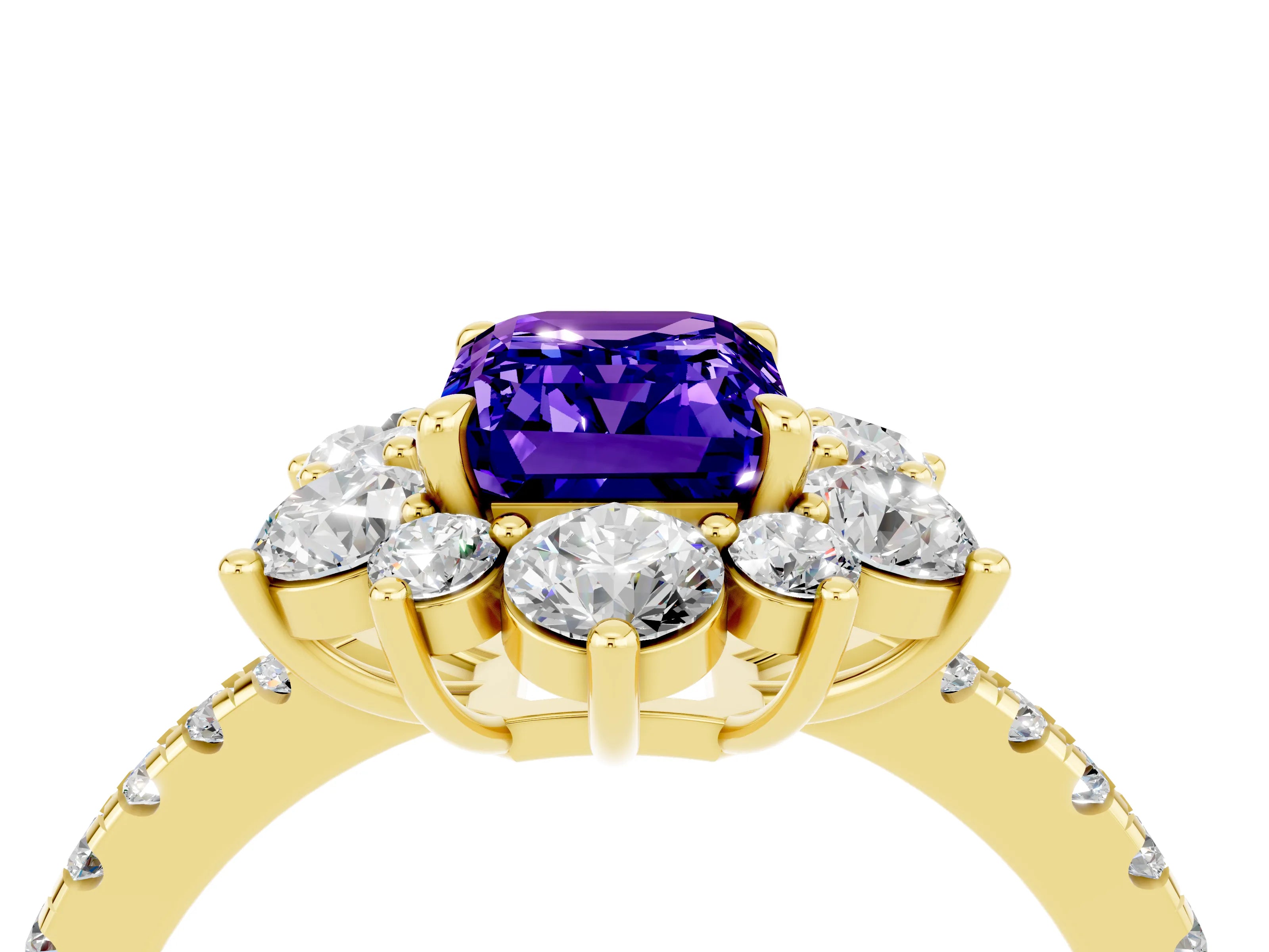Yellow gold Emerald Cut Cut Diamond Floral Halo Pave Band with Prong Setting_4