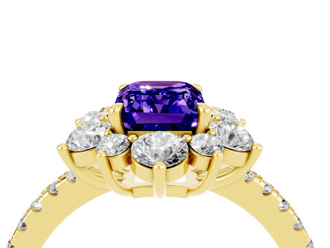 Yellow gold Emerald Cut Cut Diamond Floral Halo Pave Band with Prong Setting_4