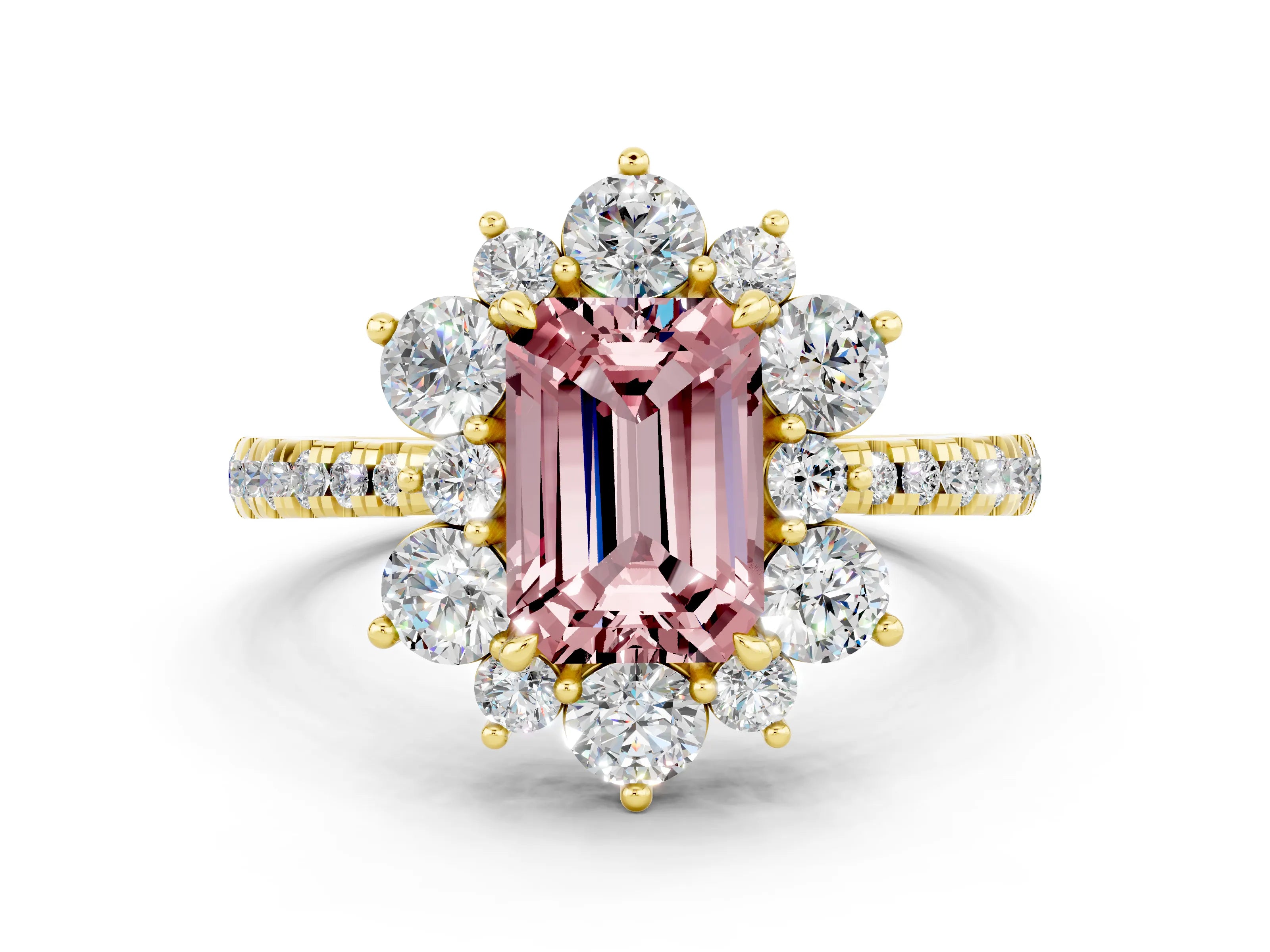Yellow gold Emerald Cut Cut Diamond Floral Halo Pave Band with Prong Setting