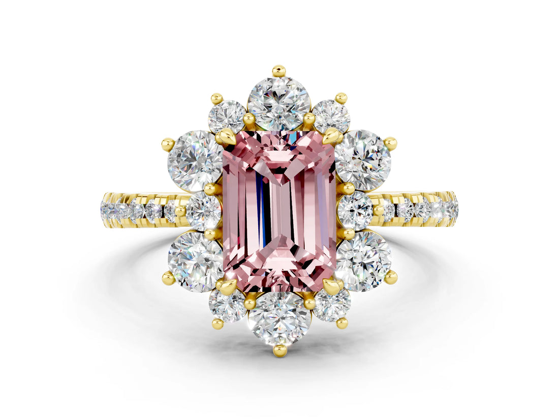 Yellow gold Emerald Cut Cut Diamond Floral Halo Pave Band with Prong Setting