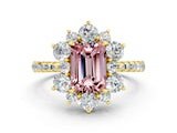 Yellow gold Emerald Cut Cut Diamond Floral Halo Pave Band with Prong Setting