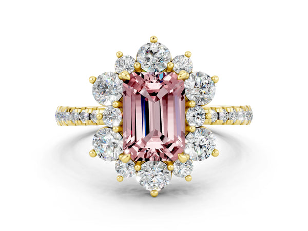 Yellow gold Emerald Cut Cut Diamond Floral Halo Pave Band with Prong Setting