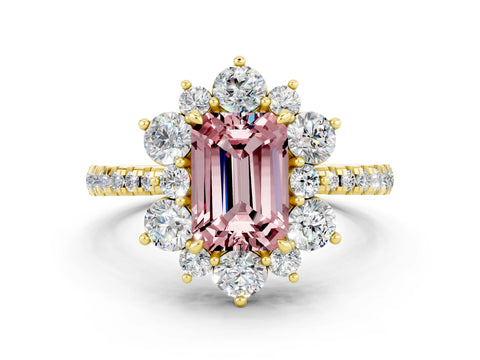 Yellow gold Emerald Cut Cut Diamond Floral Halo Pave Band with Prong Setting
