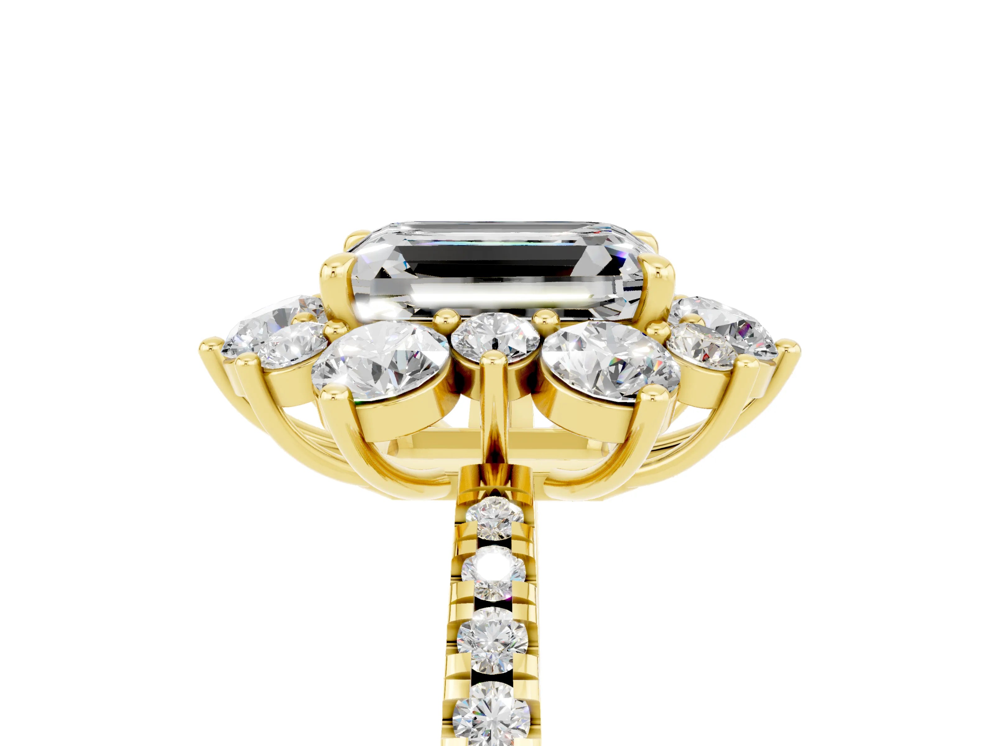 Yellow gold Emerald Cut Cut Diamond Floral Halo Pave Band with Prong Setting_5