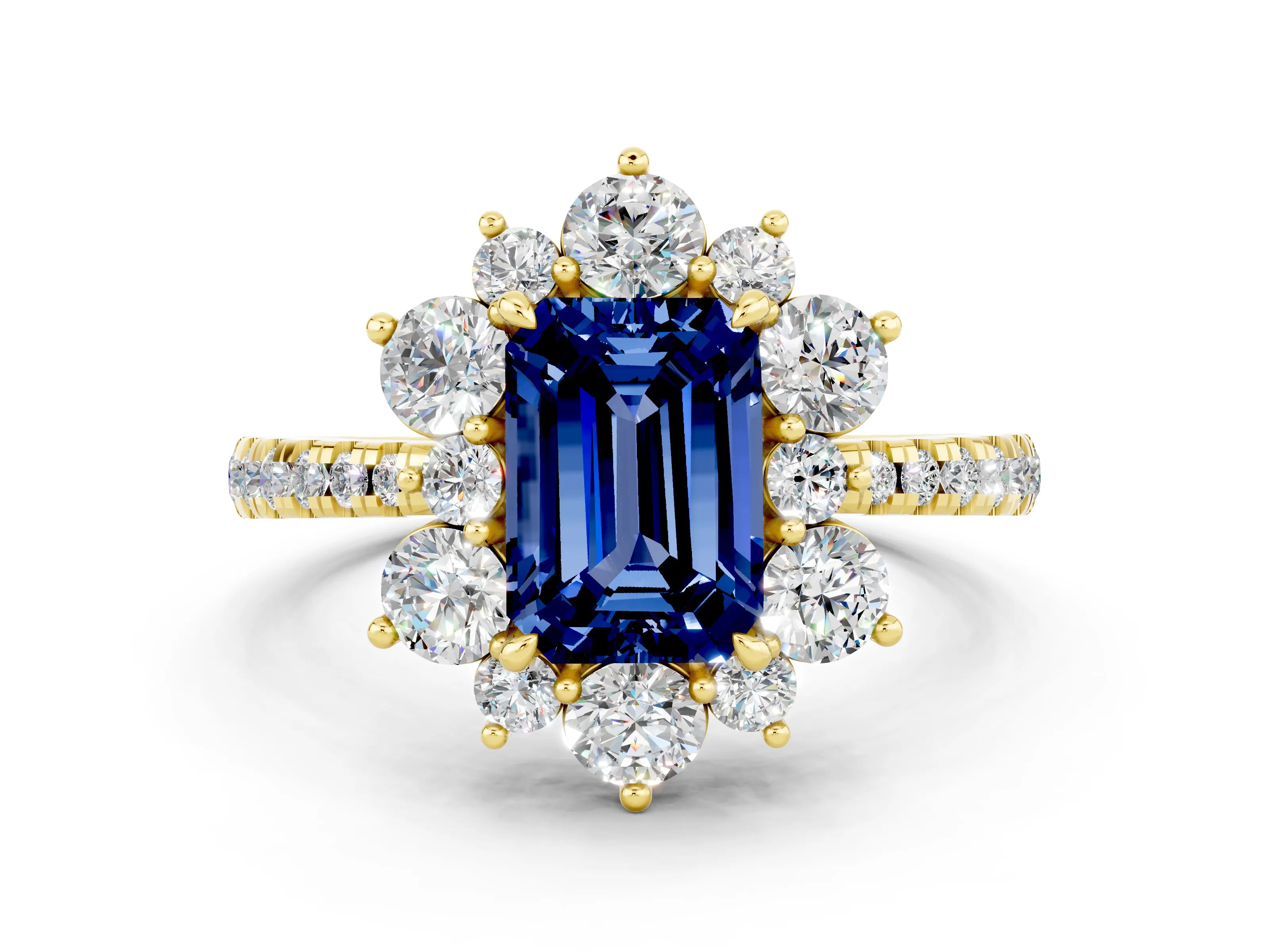 Yellow gold Emerald Cut Cut Diamond Floral Halo Pave Band with Prong Setting