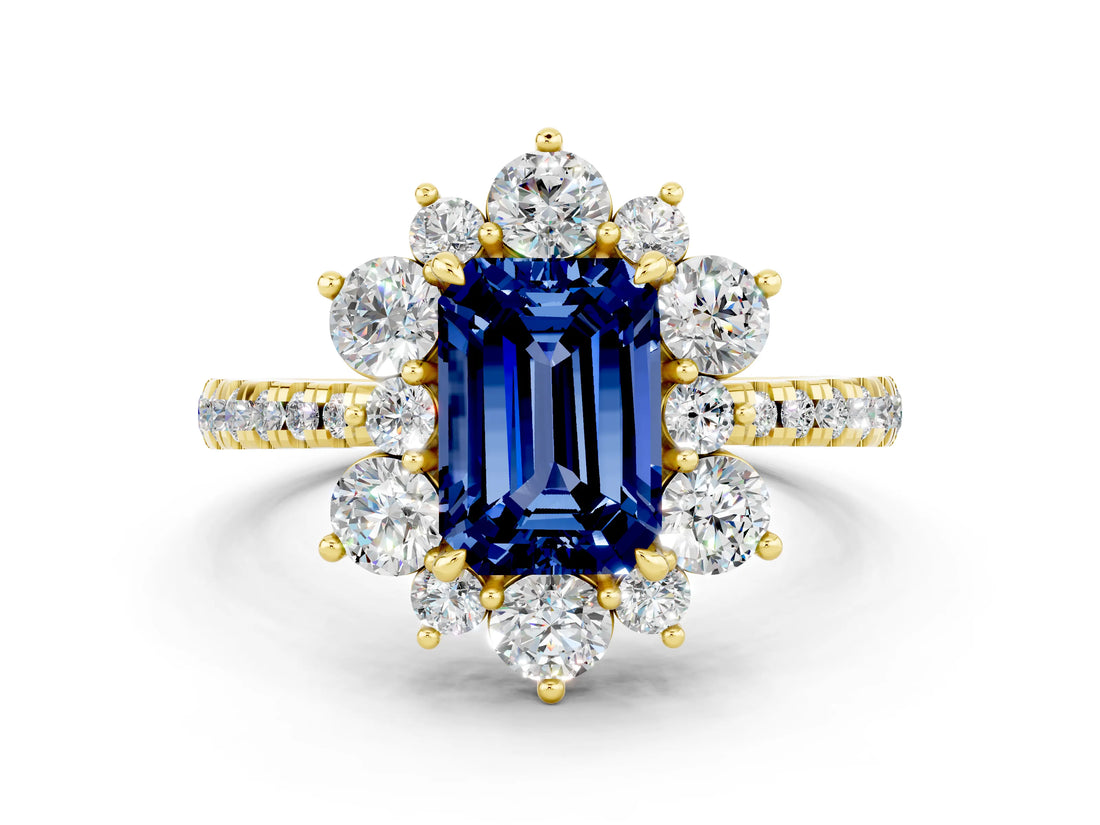 Yellow gold Emerald Cut Cut Diamond Floral Halo Pave Band with Prong Setting