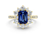 Yellow gold Emerald Cut Cut Diamond Floral Halo Pave Band with Prong Setting