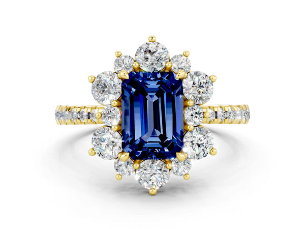 Yellow gold Emerald Cut Blue Sapphire Floral Halo Ring with Round Pavé Band and Prong Setting