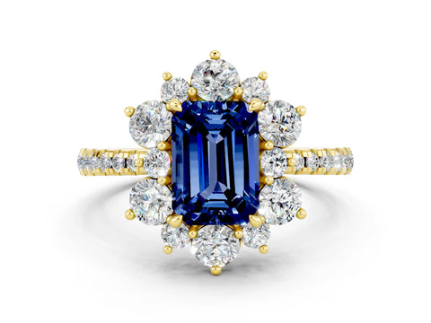 Yellow gold Emerald Cut Cut Diamond Floral Halo Pave Band with Prong Setting