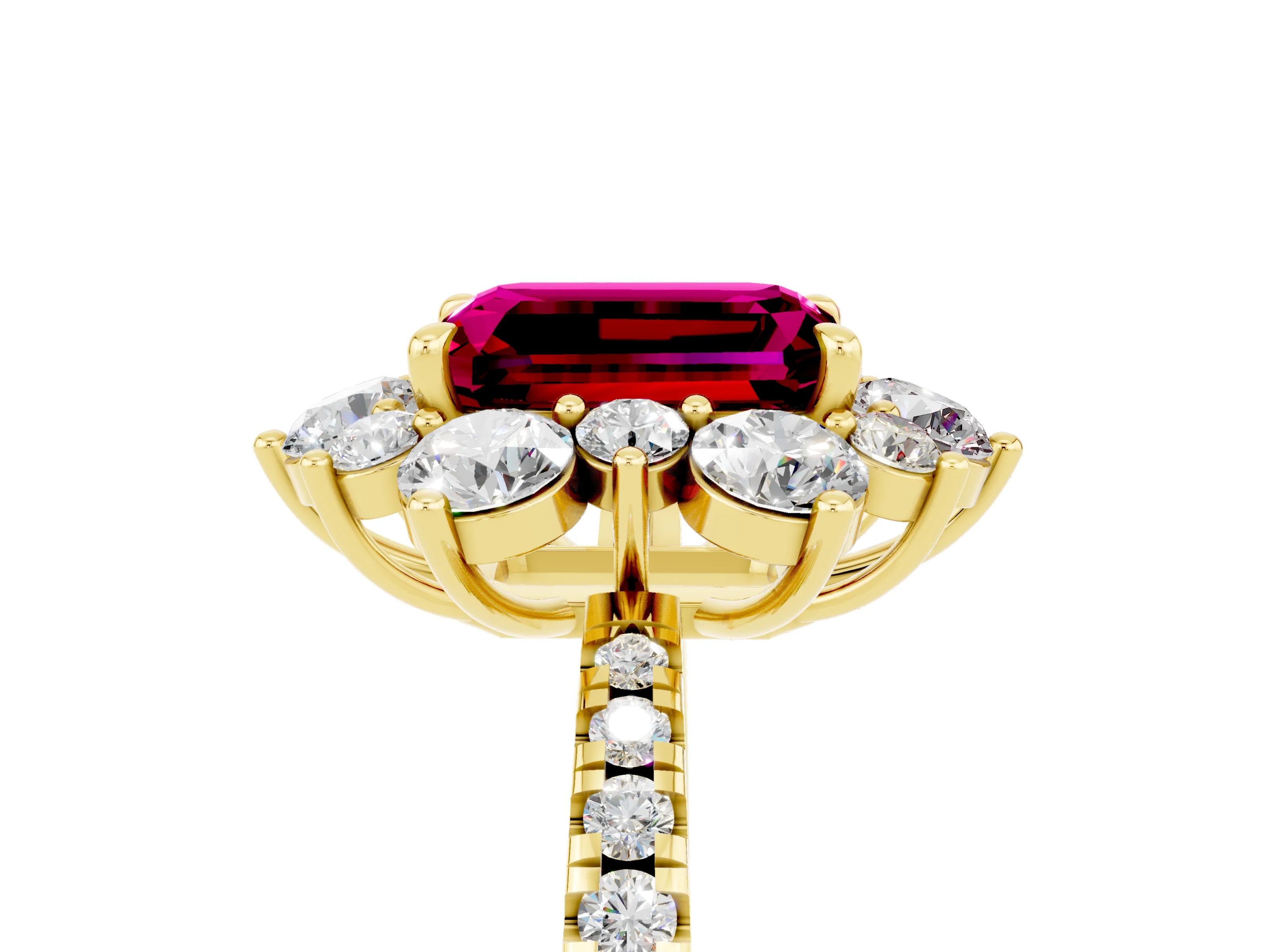 Yellow gold Emerald Cut Cut Diamond Floral Halo Pave Band with Prong Setting_5